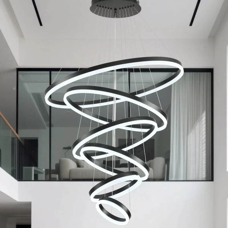 6-Rings Modern LED Chandelier D31.4" Gold Dimmable High Ceiling Chandelier for Dining Room with Remote Control for Entryway Staircase Foyer